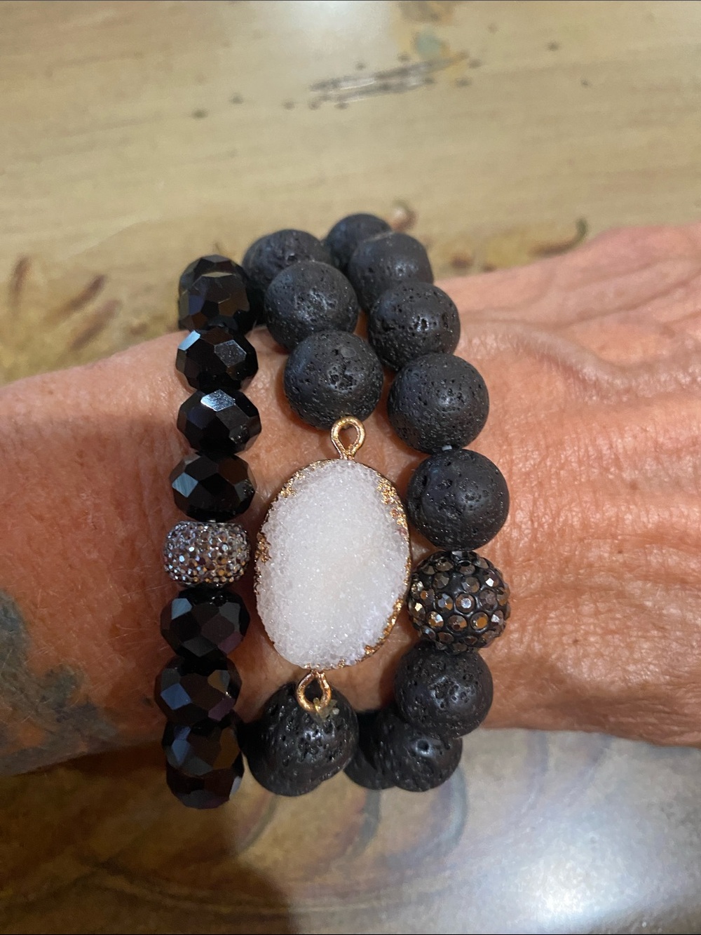 Source Unknown Black Lava Bead Bracelet Set with White Druzy Accent
